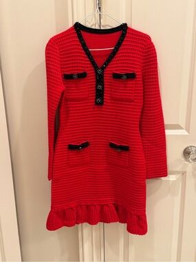 Women’s Self Portrait Inspired Red Knit Ruffle-Hem Dress with Black Trim